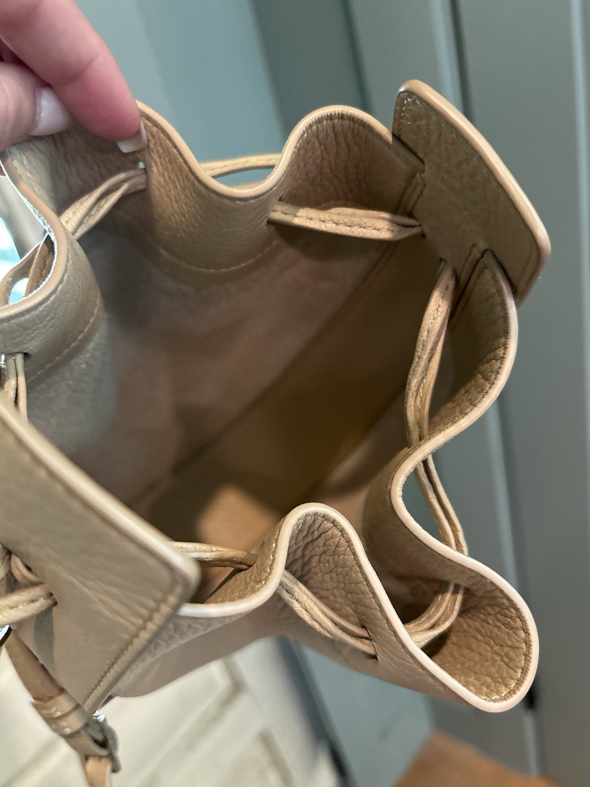 THE ROW Beige Pebbled Drawstring Bucket Crossbody Bag Gold Hardware