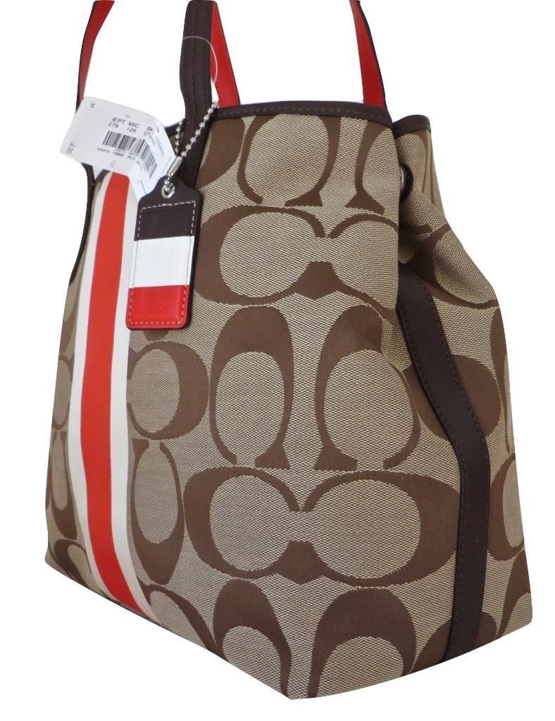 New NWT Coach Hamptons Khaki Vermillion Signature Stripe Tote Purse 19999 RARE