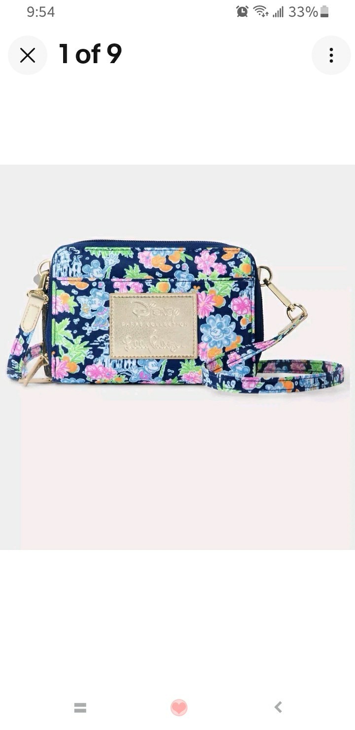 Disney x Lilly Pulitzer Mickey Floral Zip Wristlet Wallet Blue Chain ID Window