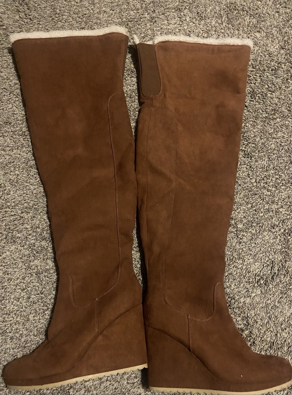 JF Cameron Over the Knee Brown Faux Suede Faux Fur Lined Zip Wedge Boots 6.5