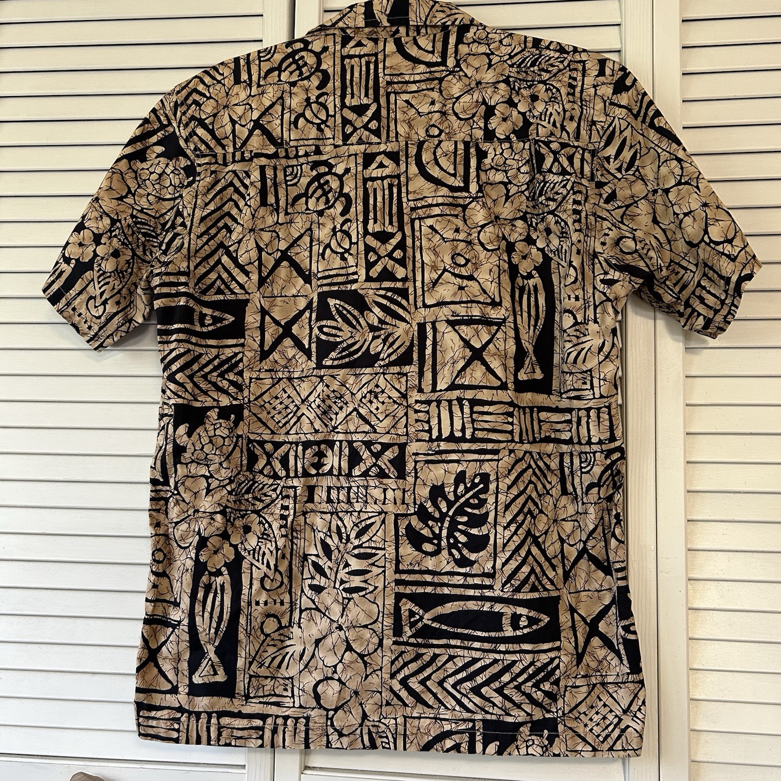 Favant Hawaiian Aloha Shirt Mens M Tapa Honu Fish Pattern Matched Pocket Cotton