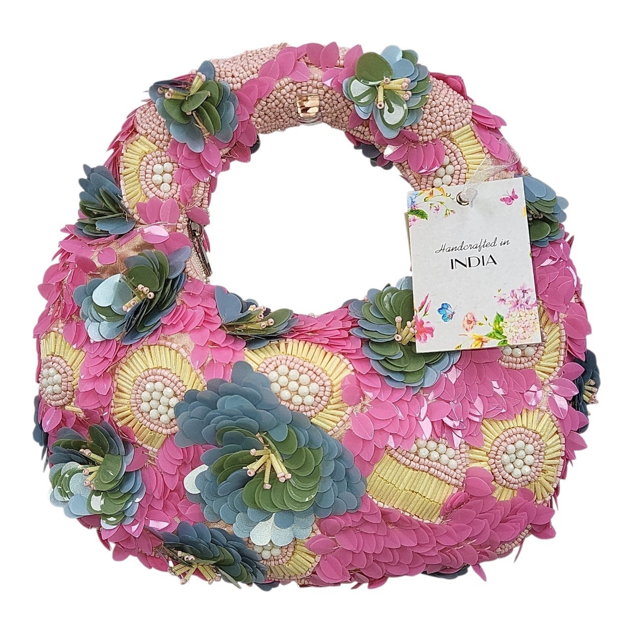NWT Viral HANDCRAFTED IN INDIA Pink Floral Garden 3D Appliqué Flowers Beaded Bag