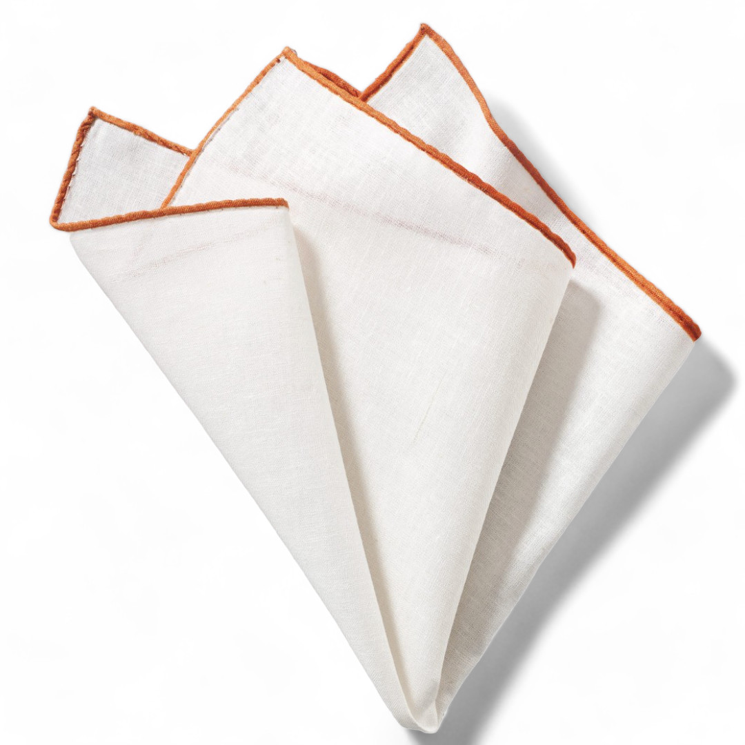 Mens White 100 Linen Pocket Square Burnt Orange Border Hanky Handkerchief 13×13″