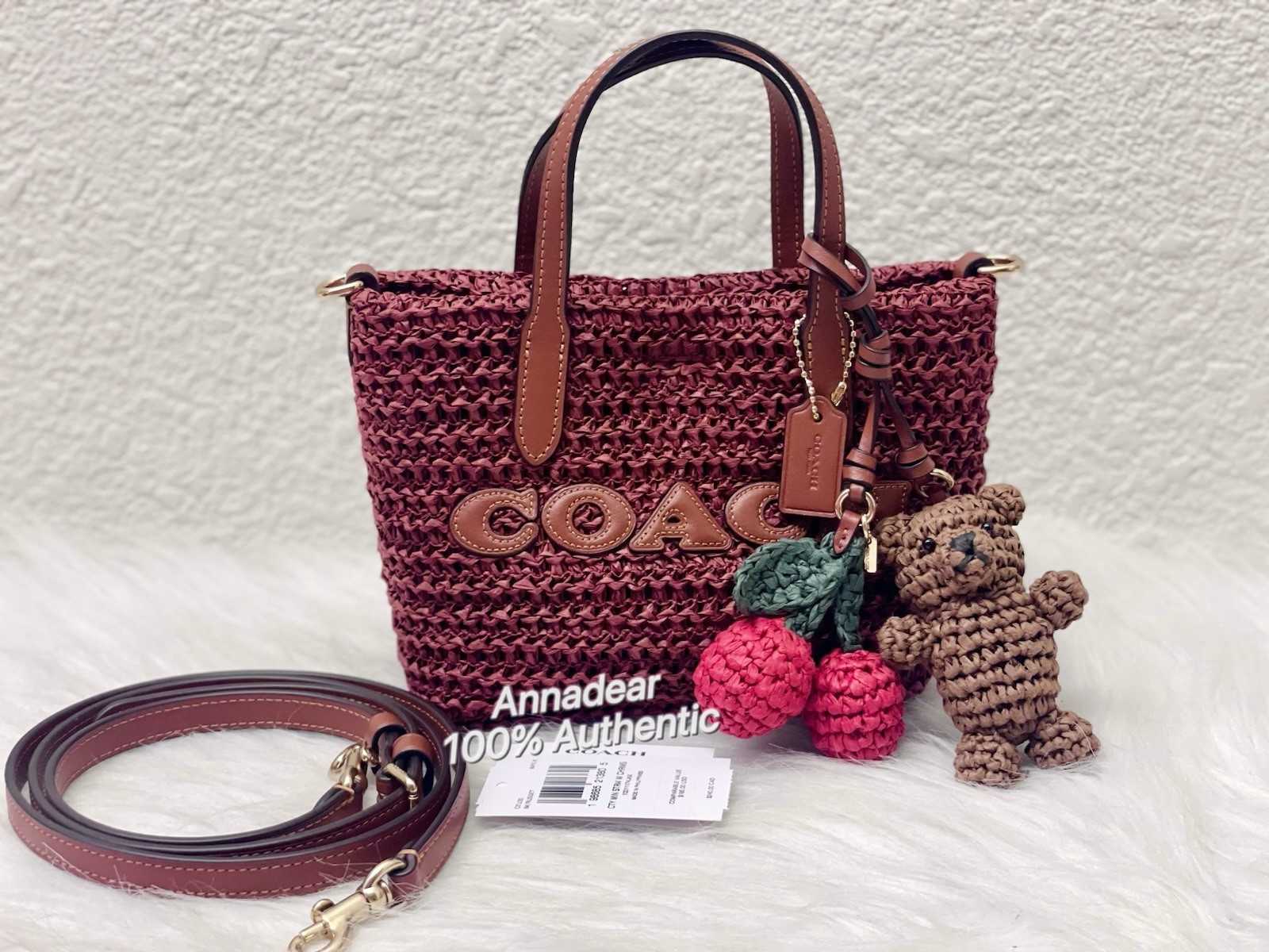 NWT Coach CEU30 City Mini Tote Bag With Charms in straw & Leather Gold/Russet