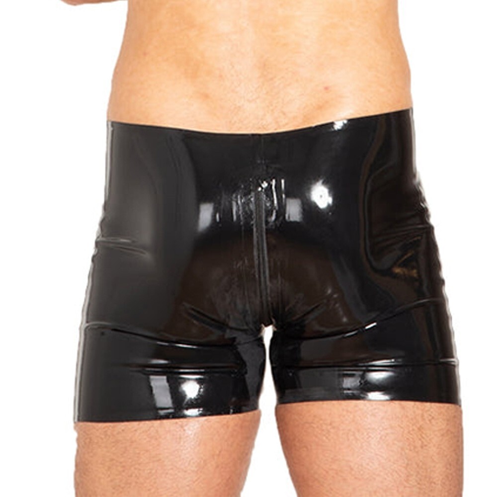 Mens Latex Gummi Shorts with Crotch Zipper Rubber Boxer Underwear Clubwear 0.4mm