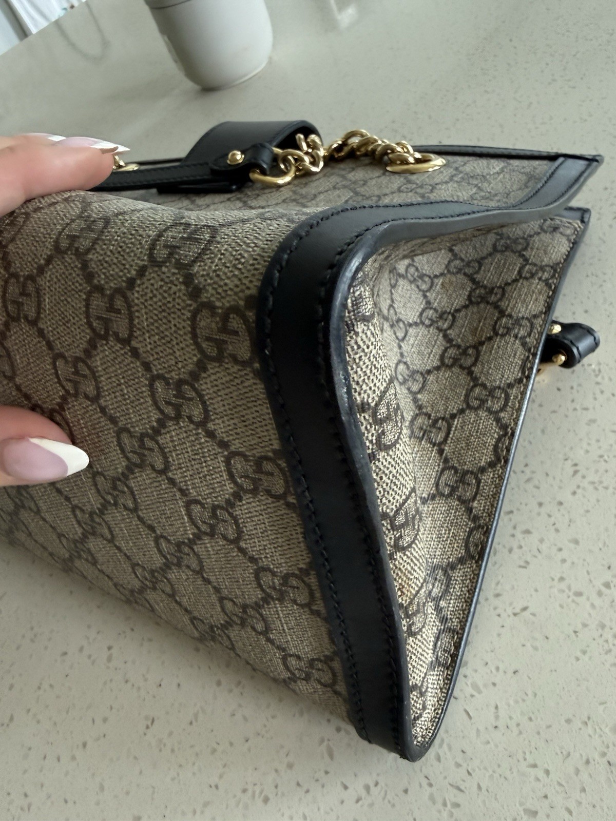 Gucci GG Padlock Medium Top Handle Bag Beige Black Gold Lock Chain Strap