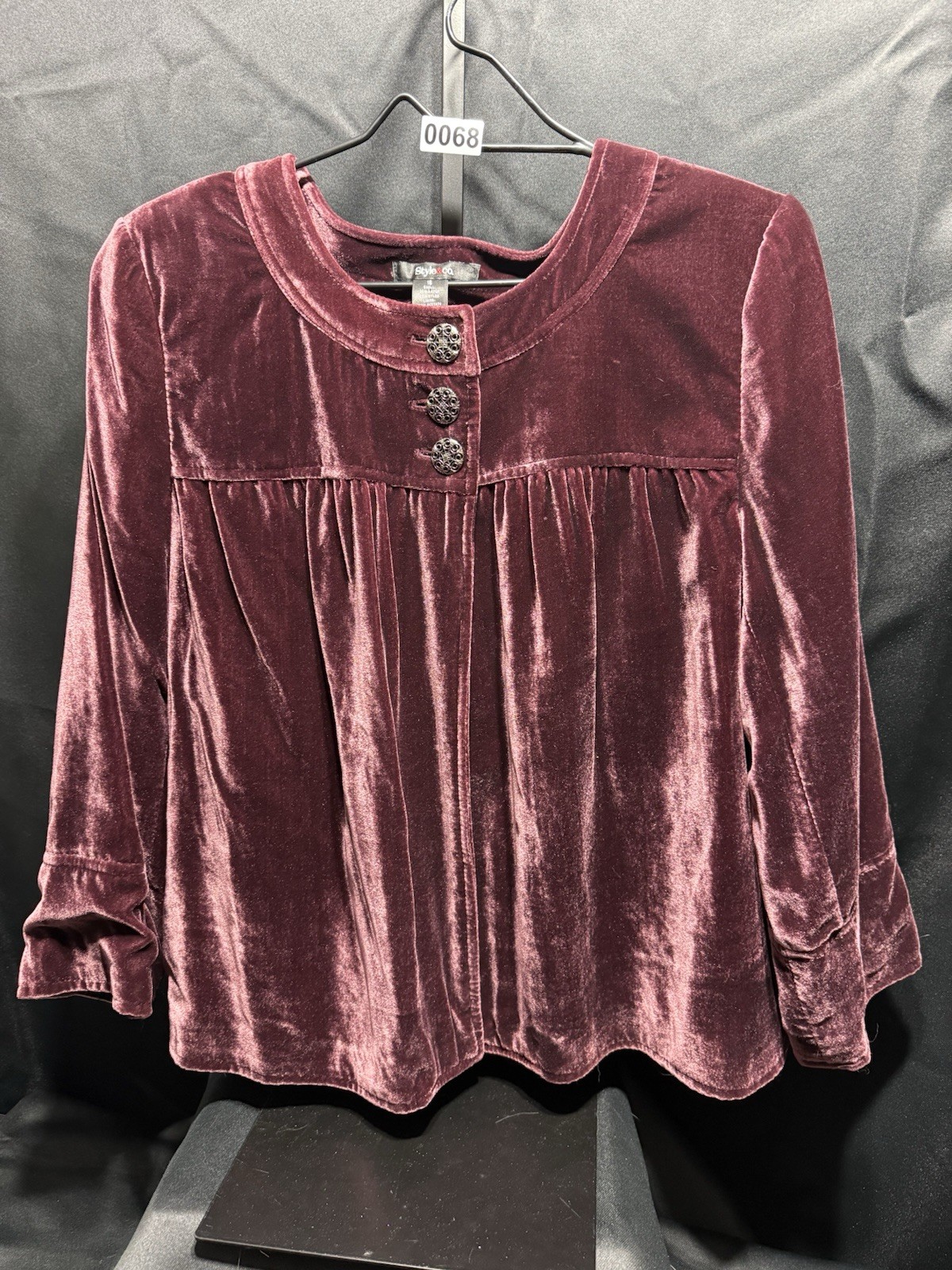 Style & Co. Women’s 16 Burgundy Solid Velvet Round Neck Button 3/4 Sleeve Blouse