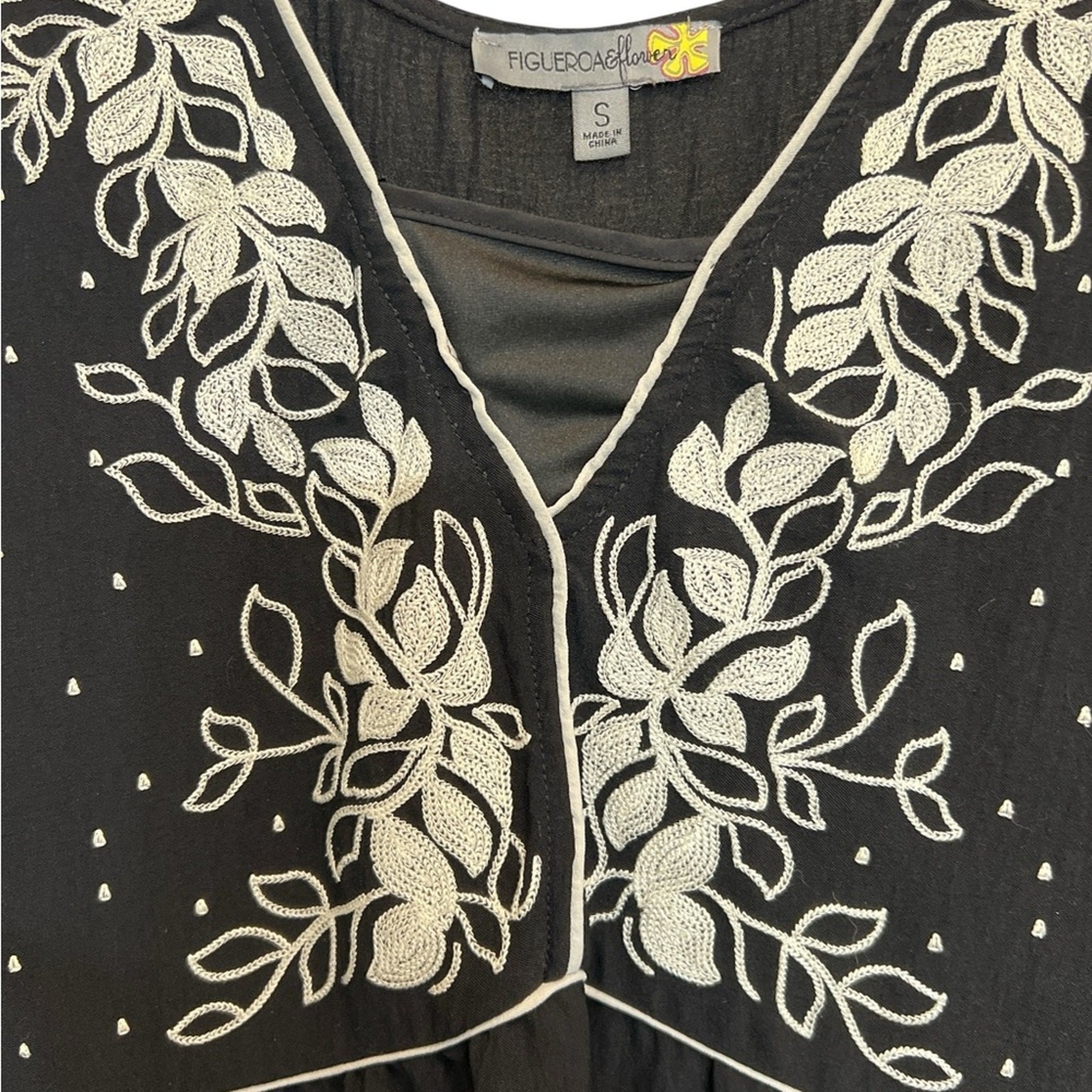 Figueroa & Flower Embroidered Boho Midi Dress Black Size Small