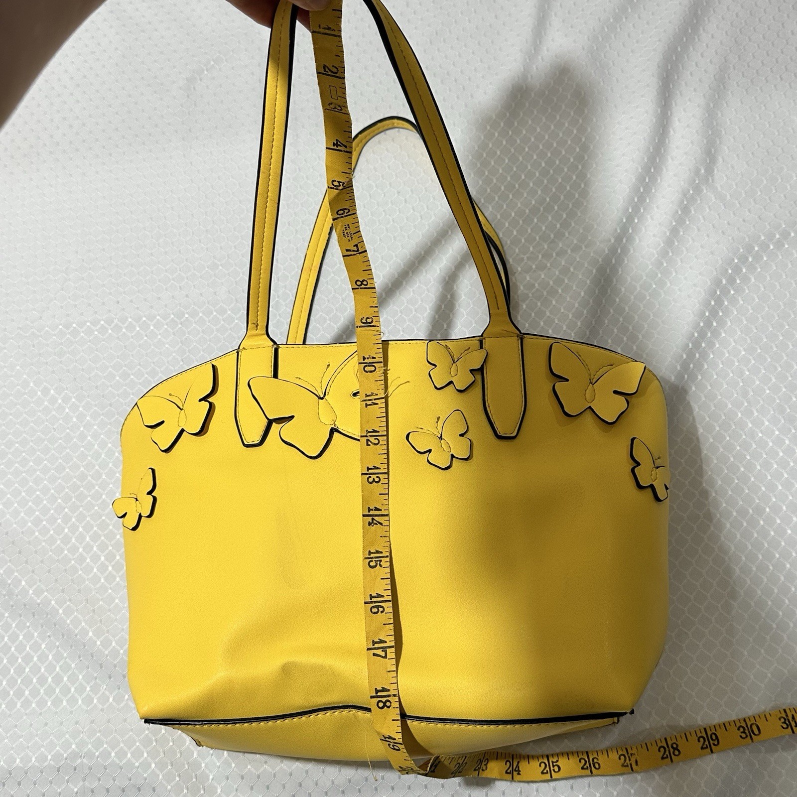 Yellow Butterfly Applique Purse, Double Handles, snap closure, Inside Pockets