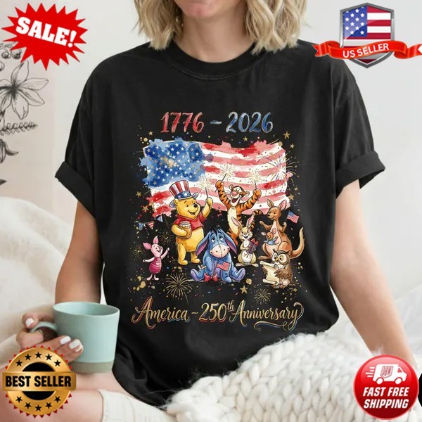 Winnie the Pooh Friends America 1776 2026, USA 250th Anniversary T-Shirt | S-5XL