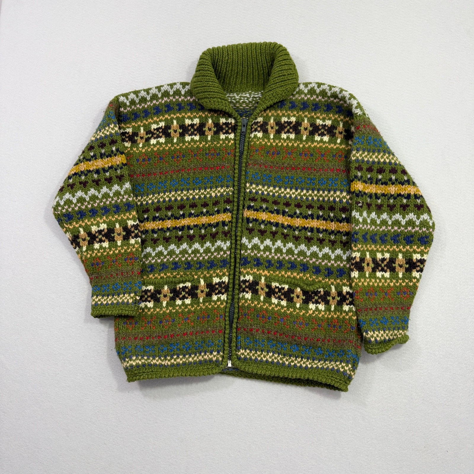 Vintage Ecuador Full Zip Sweater Size Large Green Fair Isle Wool Nordic Cowichan
