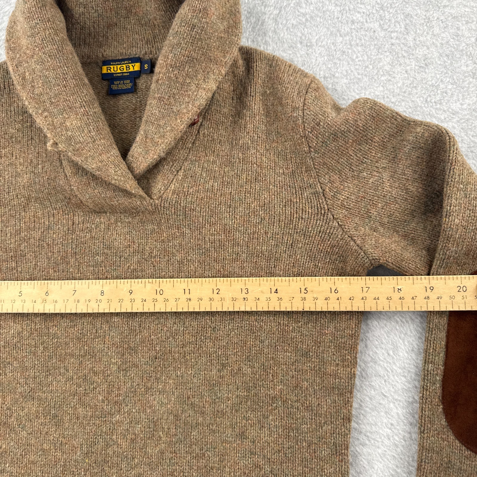 Ralph Lauren Rugby Sweater Mens Small Brown Elbow Patches 100% Wool Shawl Collar