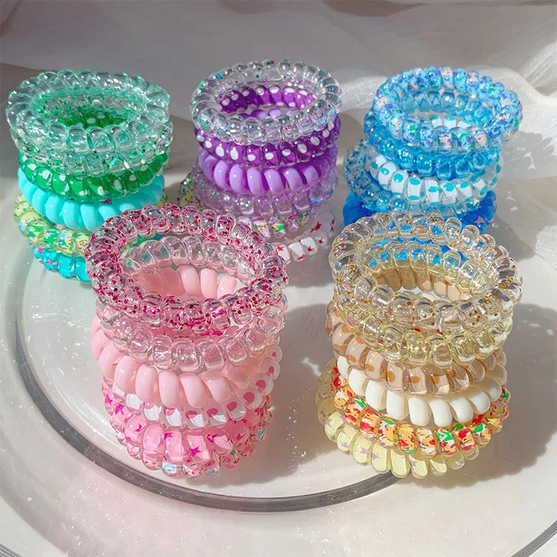 6 Pc Glitter Spiral Telephone Cord Scrunchies Elastic Hair Bands Accessories