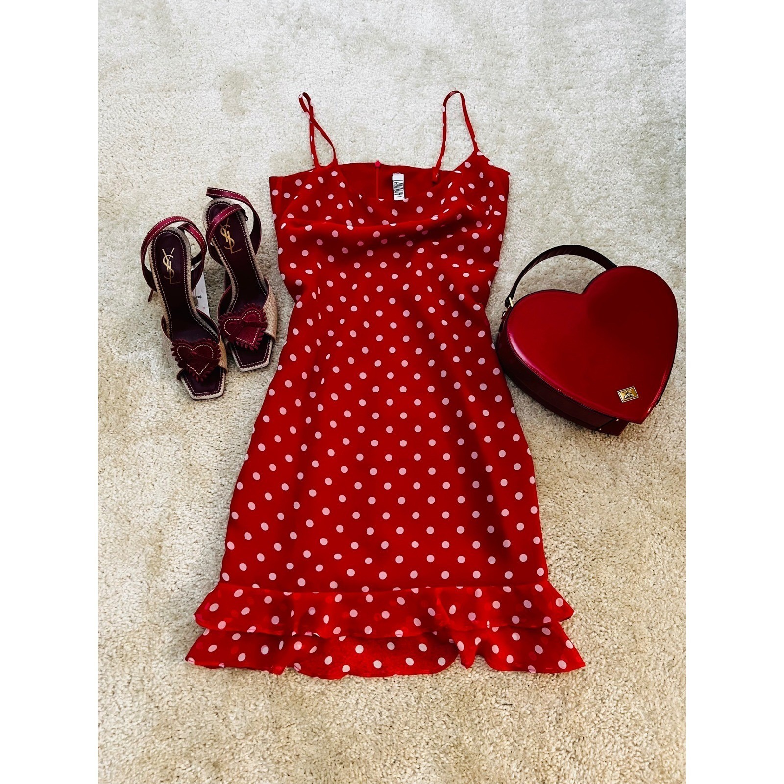 VTG Laundry Shelli Segal Cherry Red Polka Dot Y2K Mini Slip Dress Sz 2 Pinup