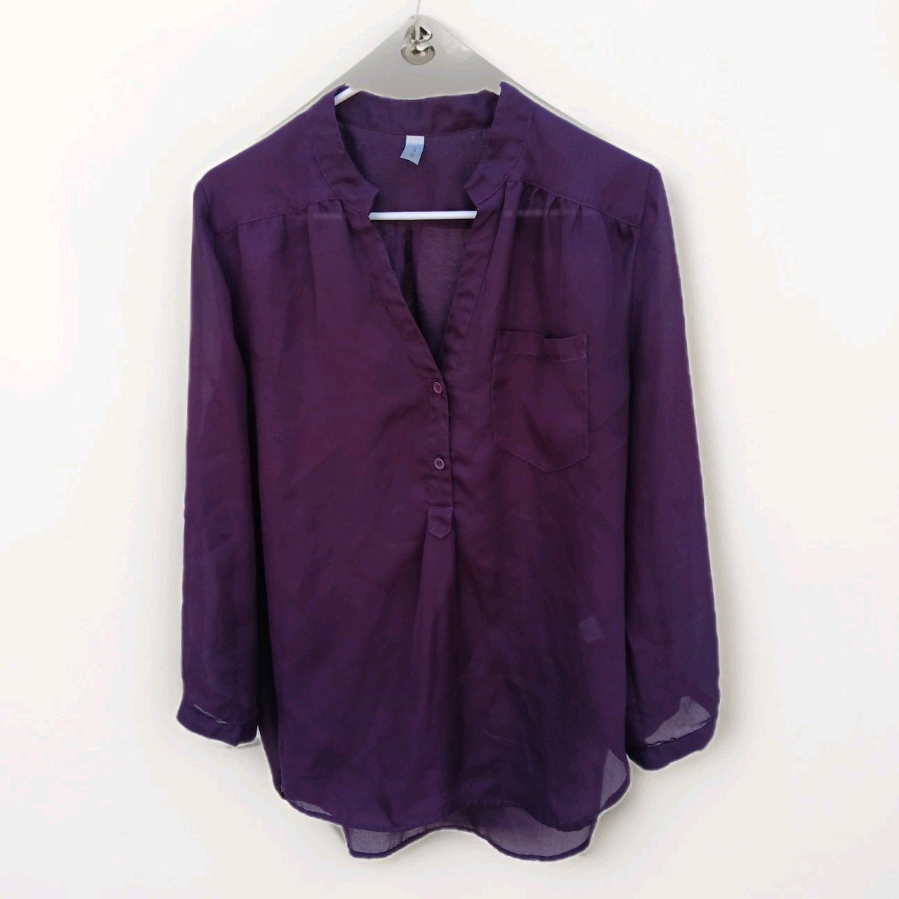 TACERA Purple Solid Sheer Button-Front Collared Long Sleeve Blouse Size S/M