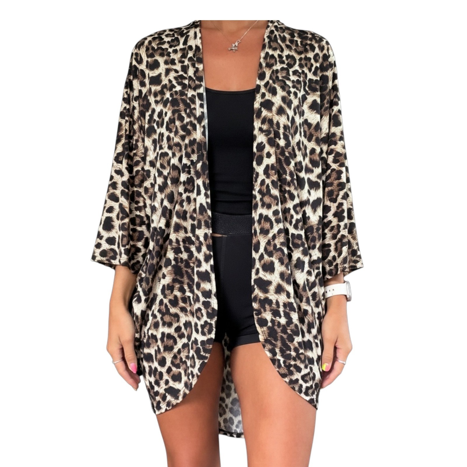 Lime n Chili Women L Brown Tan Leopard Print Open Front Kimono Cardigan Cover-up