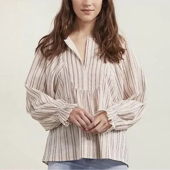 Elizabeth And James Size L Stripe Pintuck Peasant Blouse Red Cream Long Sleeves