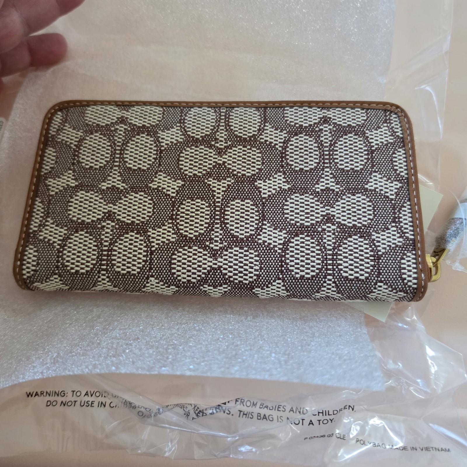 Coach Signature Logo Penguin Zip-Around Wallet Brown Beige Pink