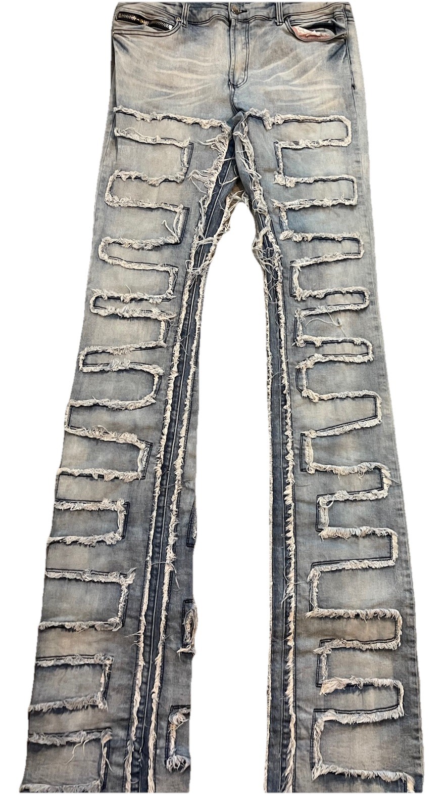 Men’s Blue Light Wash Distressed Slim Fit Mid Rise Skinny Denim Jeans 32 Stacked