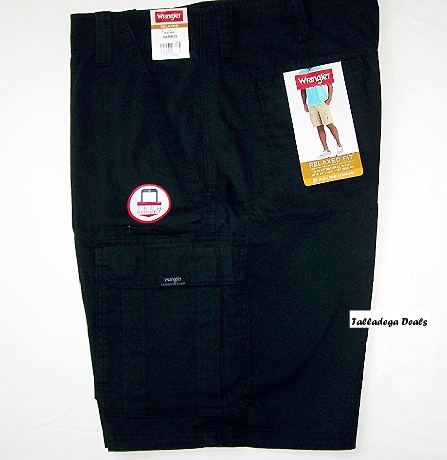 Men’s Wrangler Black Cargo Shorts w/ Stretch Relaxed Fit Tech Pocket ALL SIZES