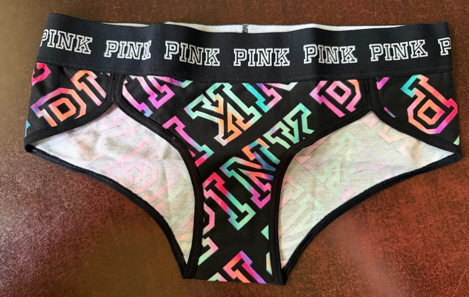 Victoria’s Secret Pink Black Pink Logo Multi Color Hipster Panty VTG XS