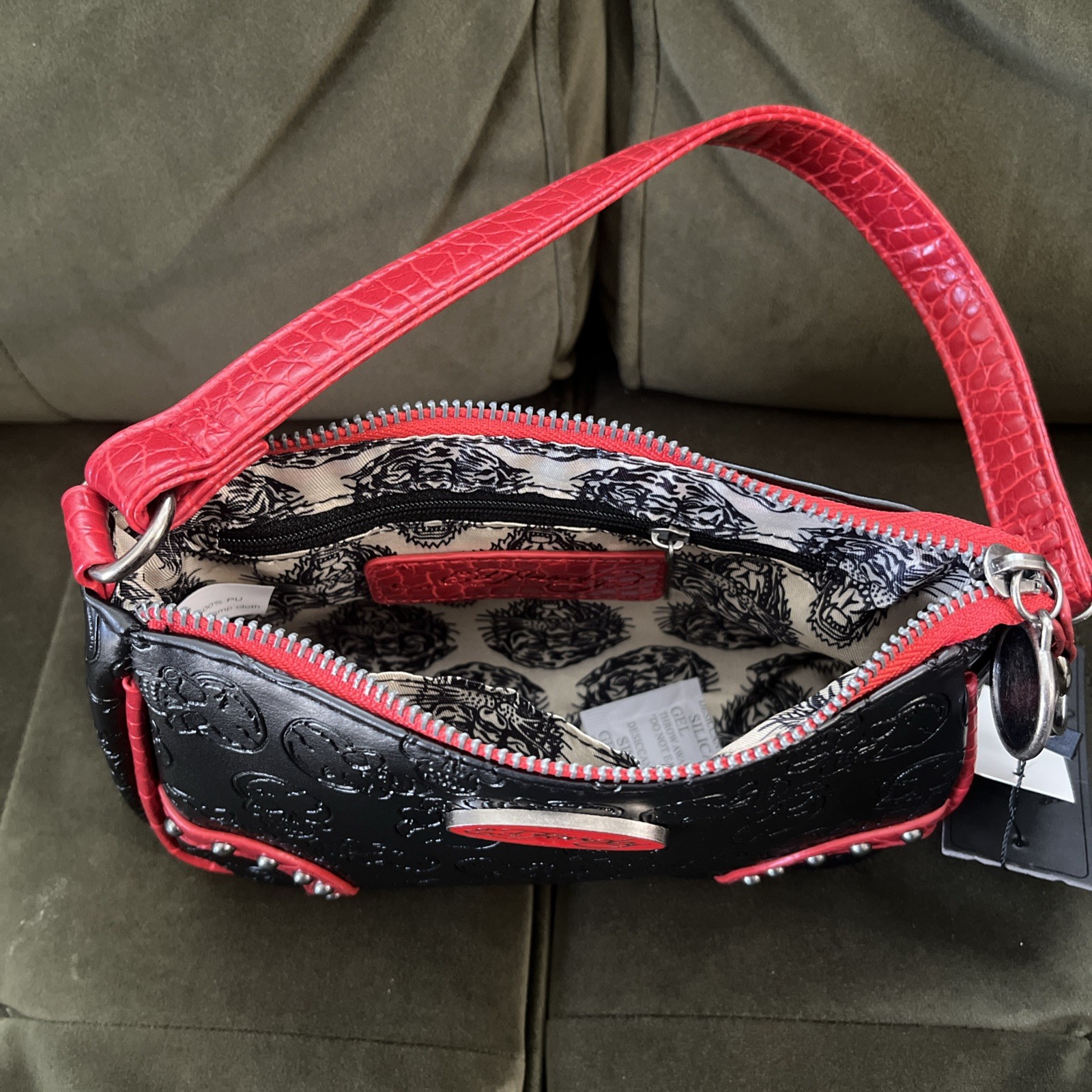 Ed Hardy Black Red Skull Embossed Studded Shoulder Bag Zip Top Silver Hardware