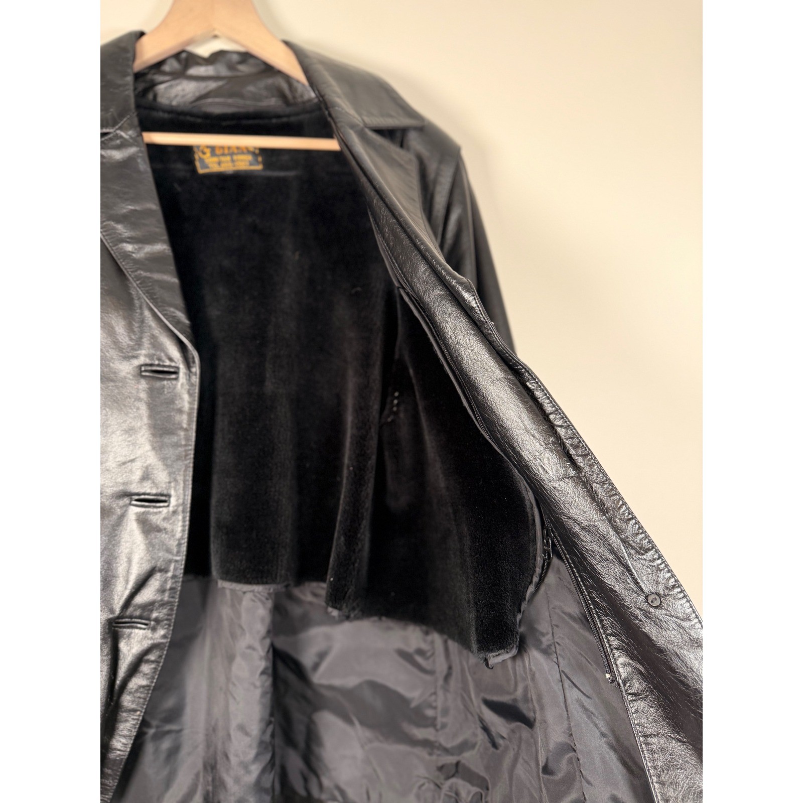 GIANT Black Leather Jacket Belted Collar Button Front Size M