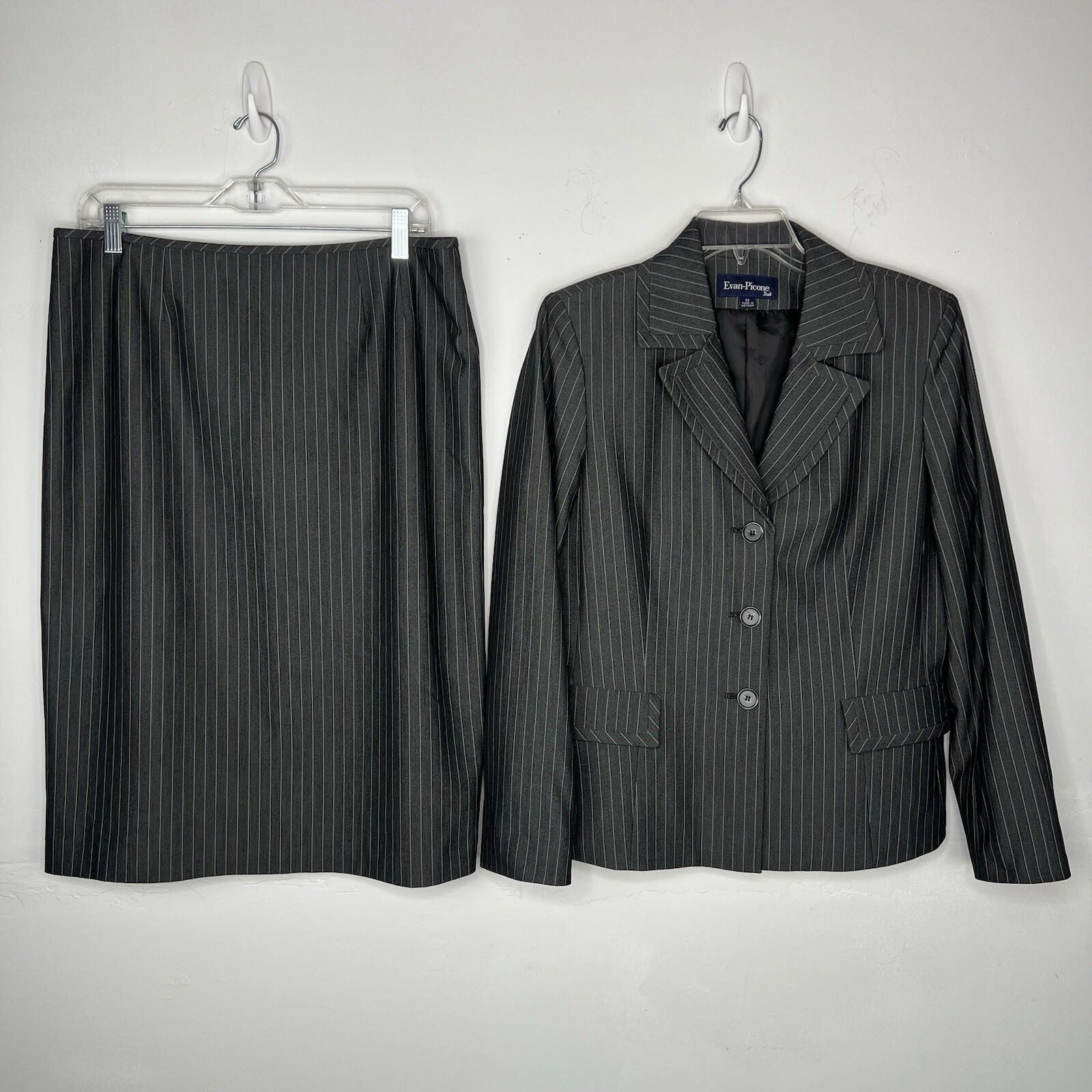 Evan Picone Polyester Rayon Stretch Skirt Suit 12 Charcoal Striped Business 2PC