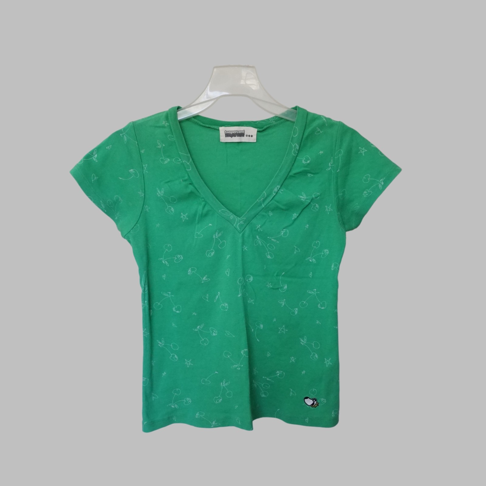 Women’s Green Cherry Print Deep V-Neck Tee 100% Cotton Petite XS Estimated