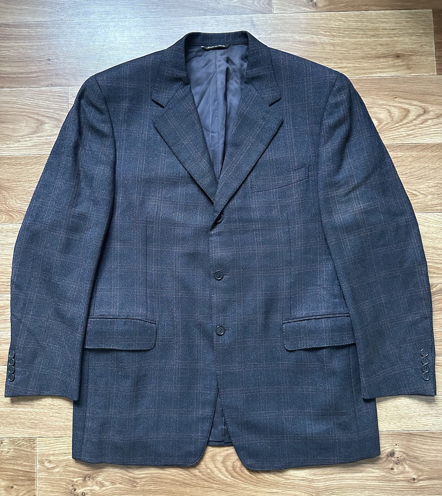 CANALI Italy Pure Virgin Wool Blazer 54 44 R Navy Charcoal Micro Check Bemberg