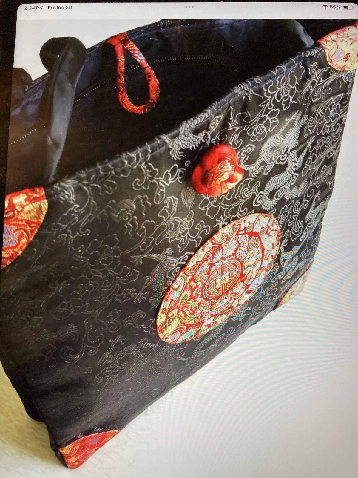 Oriental Tote Handbag Silk Embroidered Red On Black Asian Style