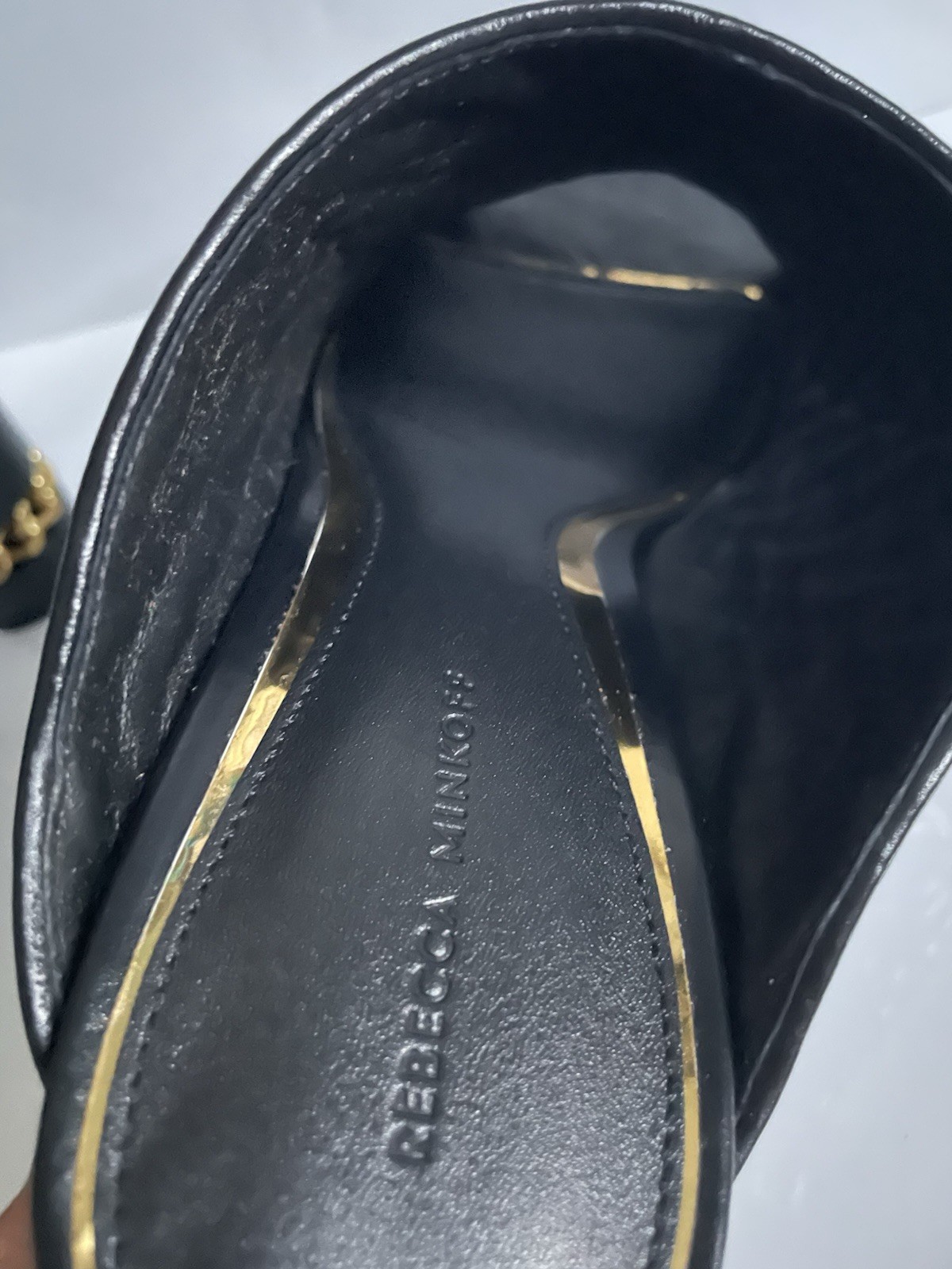 Rebecca Minkoff Black Quilted Leather Chain Open Toe Slip-On Mule Heels 10