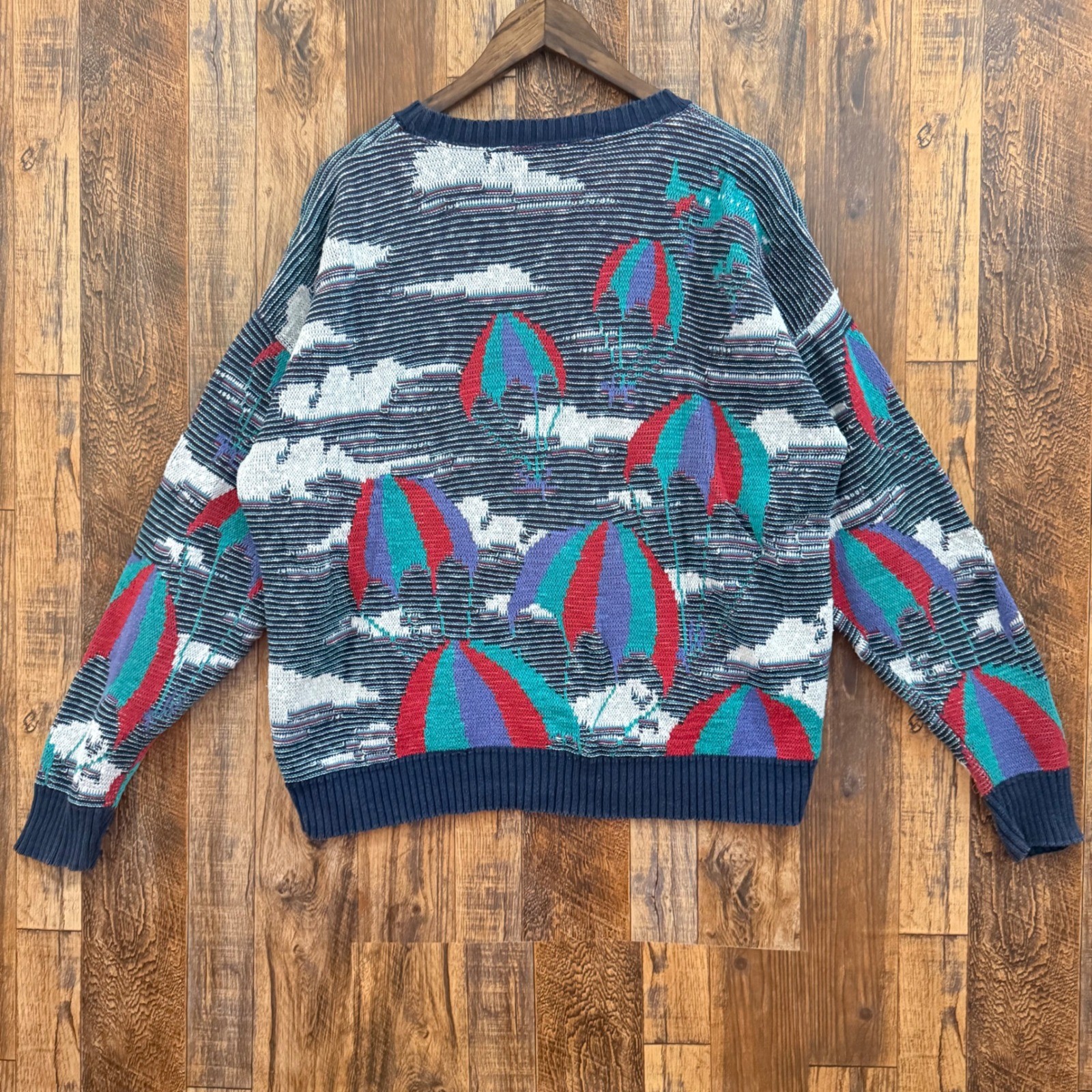 Vintage Crossings Mens Large Cotton Hot Air Balloon Cloud Knit Sweater Navy USA