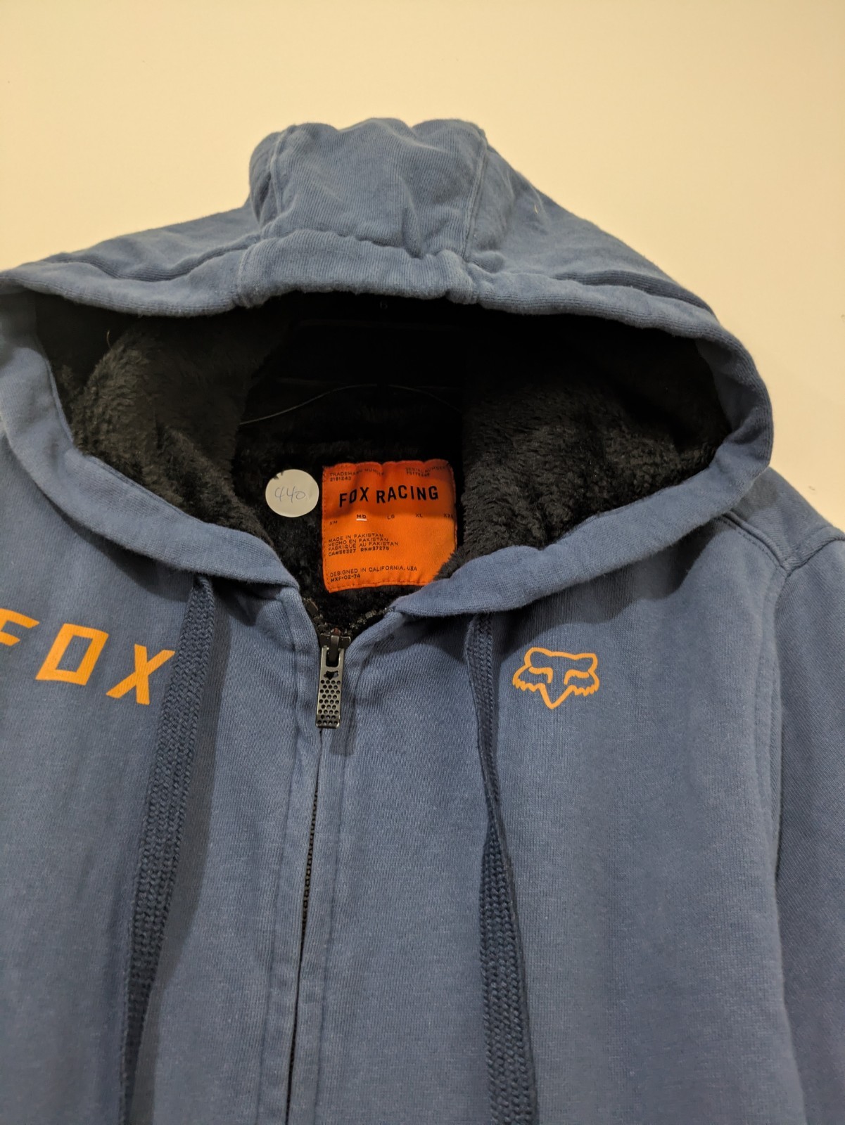 Fox Racing Men’s M Blue Fleece Lined Full Zip Hoodie Logo Pockets Hooded