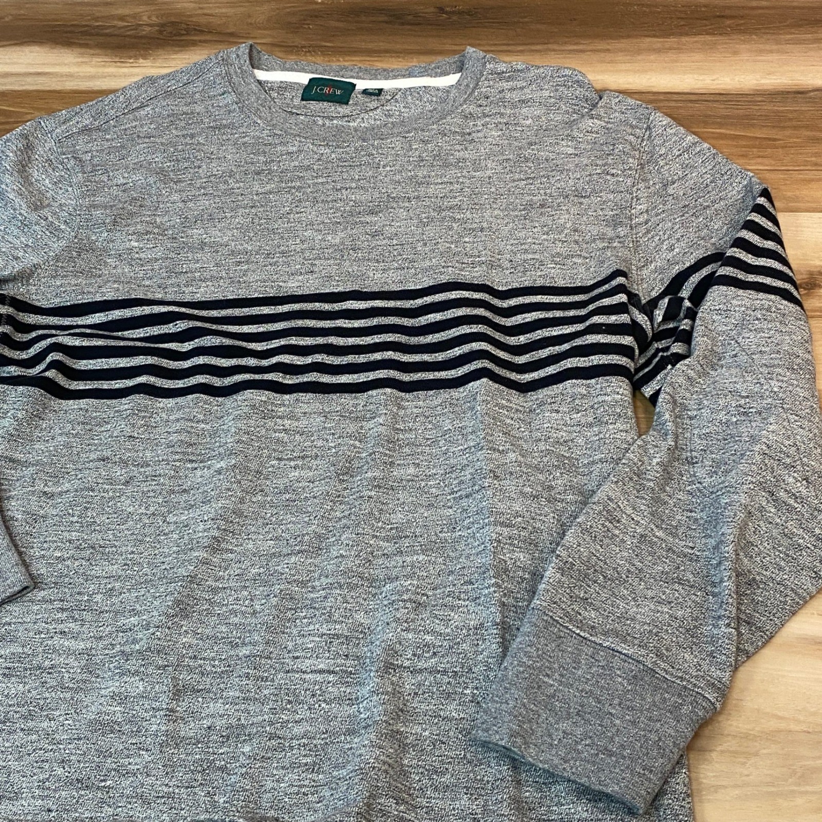 J Crew Rugby Shirt Mens Large Gray Long Sleeve Crew Neck Elbow Pads Striped