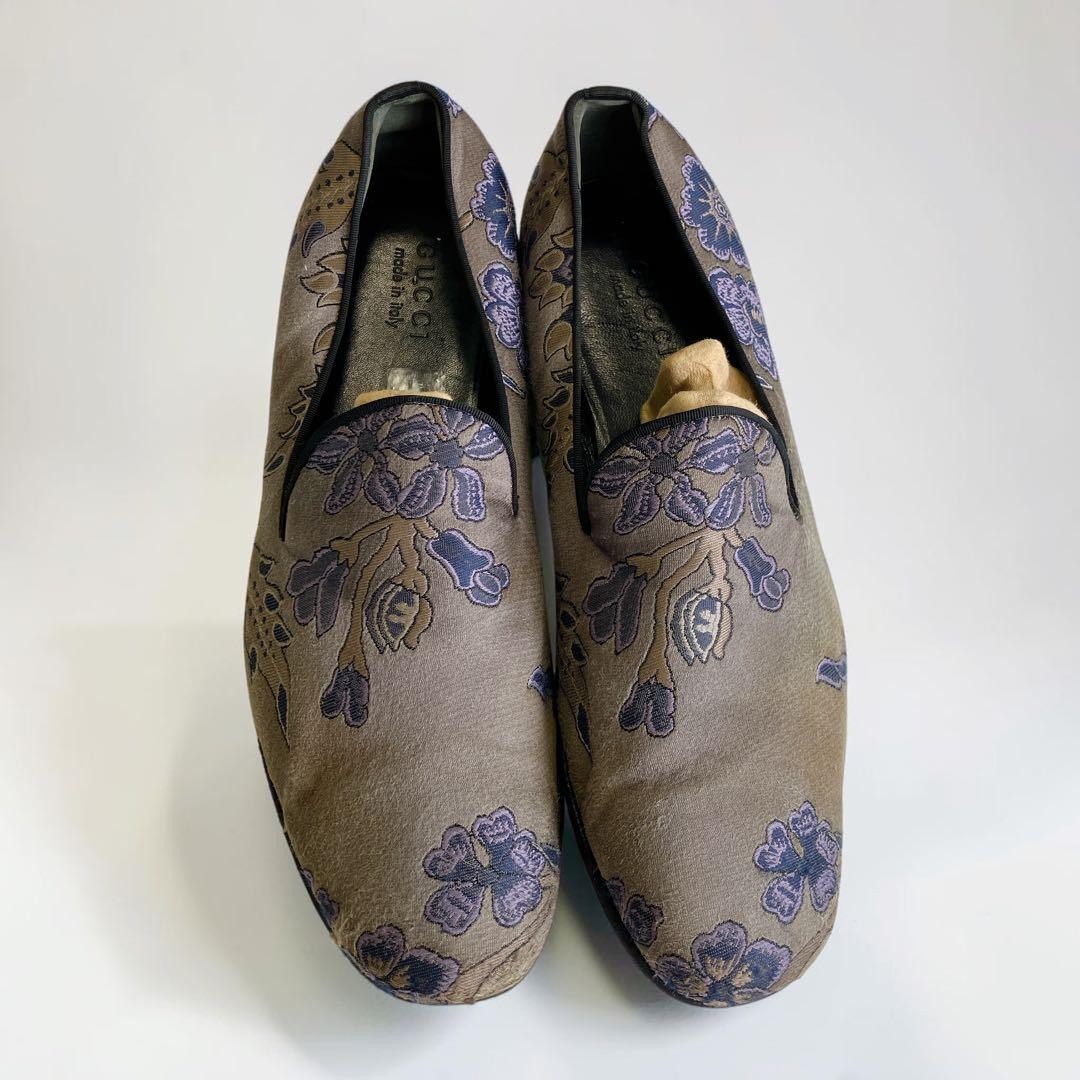GUCCI Floral Slip On Loafers Grey Purple Canvas Shoes Mens 10.5 29.5cm US11 UK10