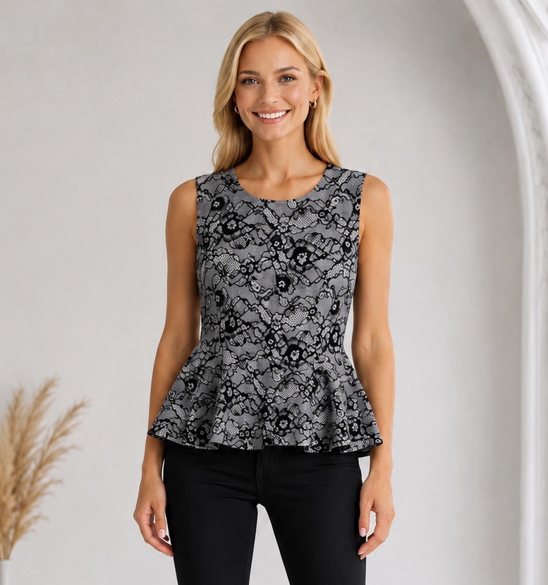 Womens Black Flora Lace Print Peplum Top Size Medium Scuba Stretch Knit