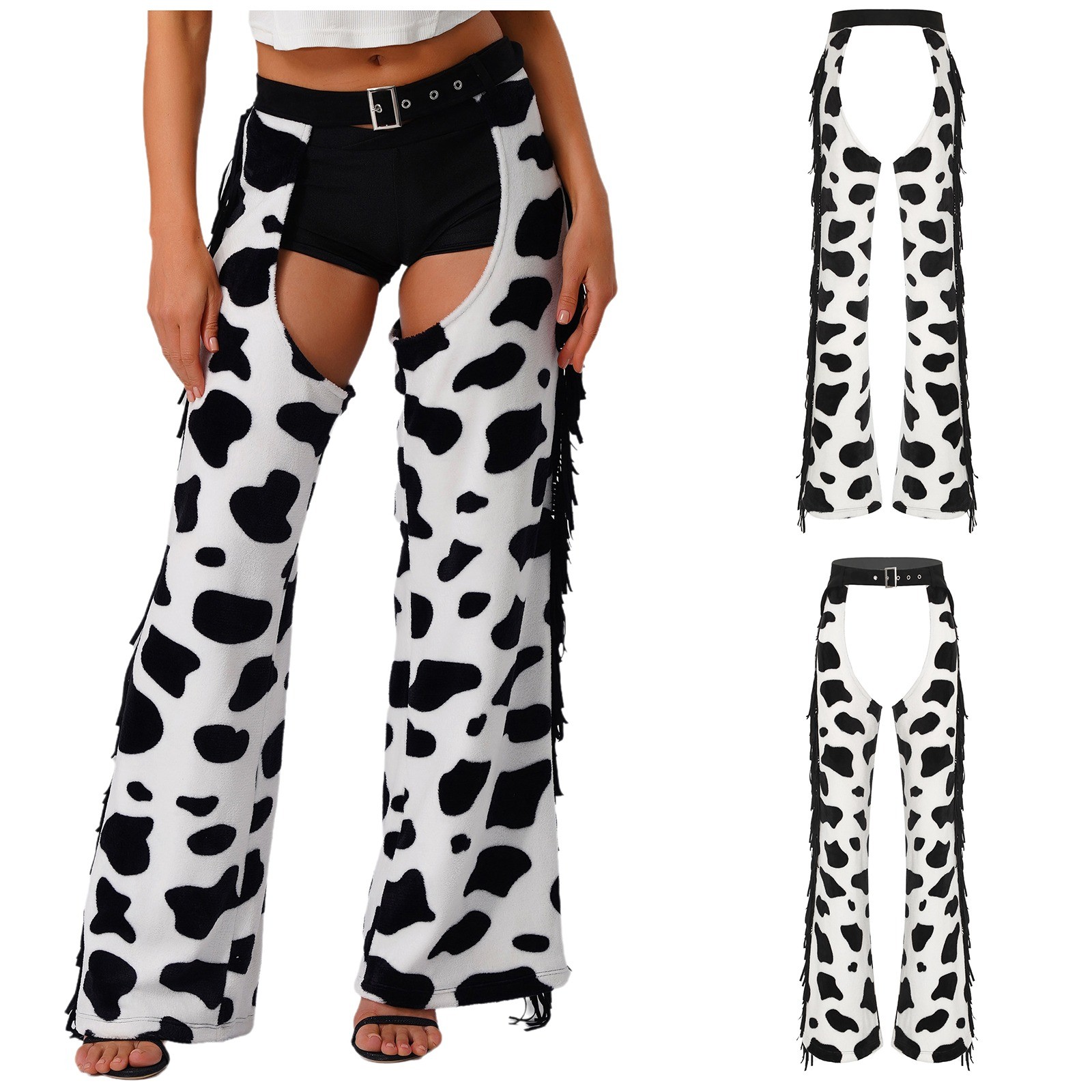US Womens Cowboy Chaps Cow Print Trouser Halloween Western Tassel Chaps