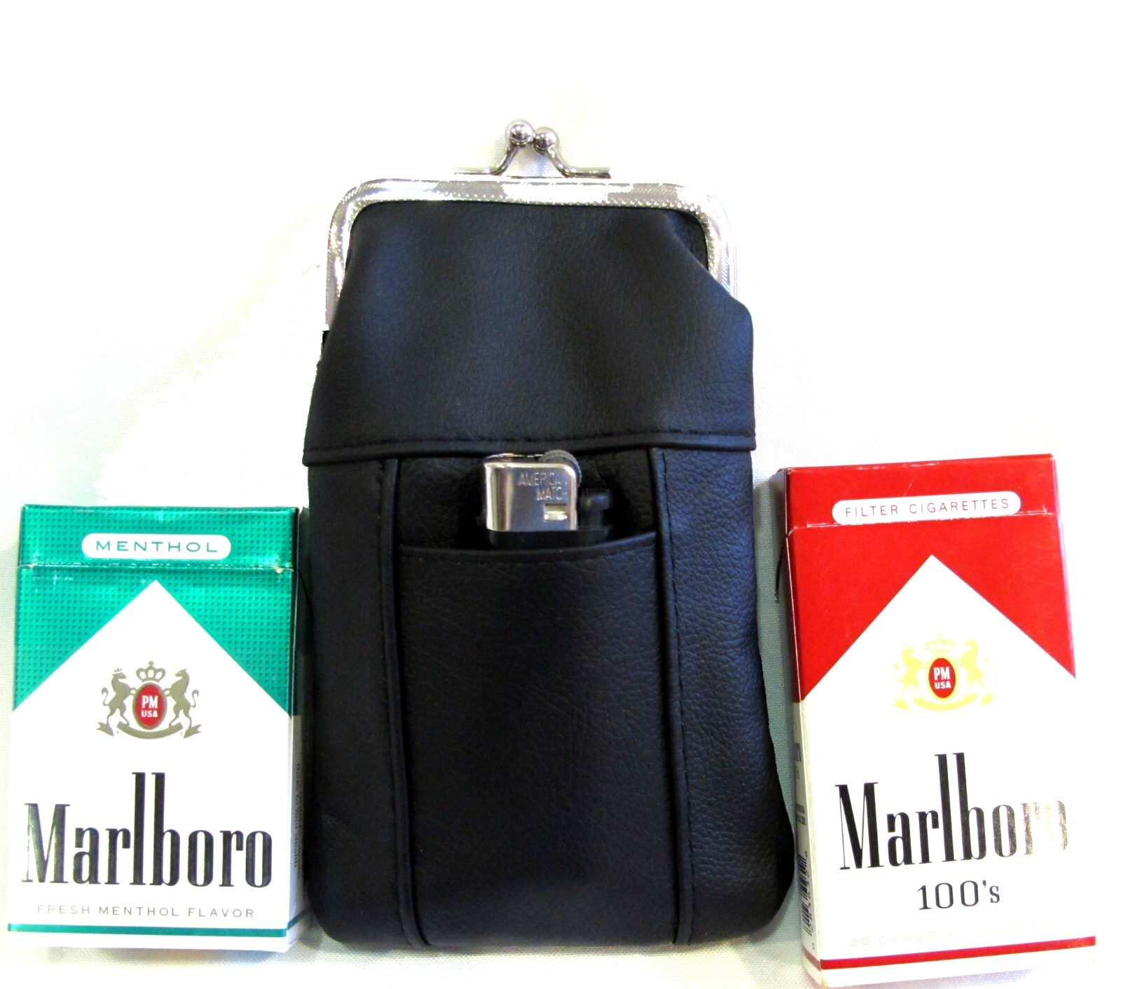 100’s 120’s 100% Genuine Leather Cigarette Case Lighter Pocket Kiss Lock – BLACK