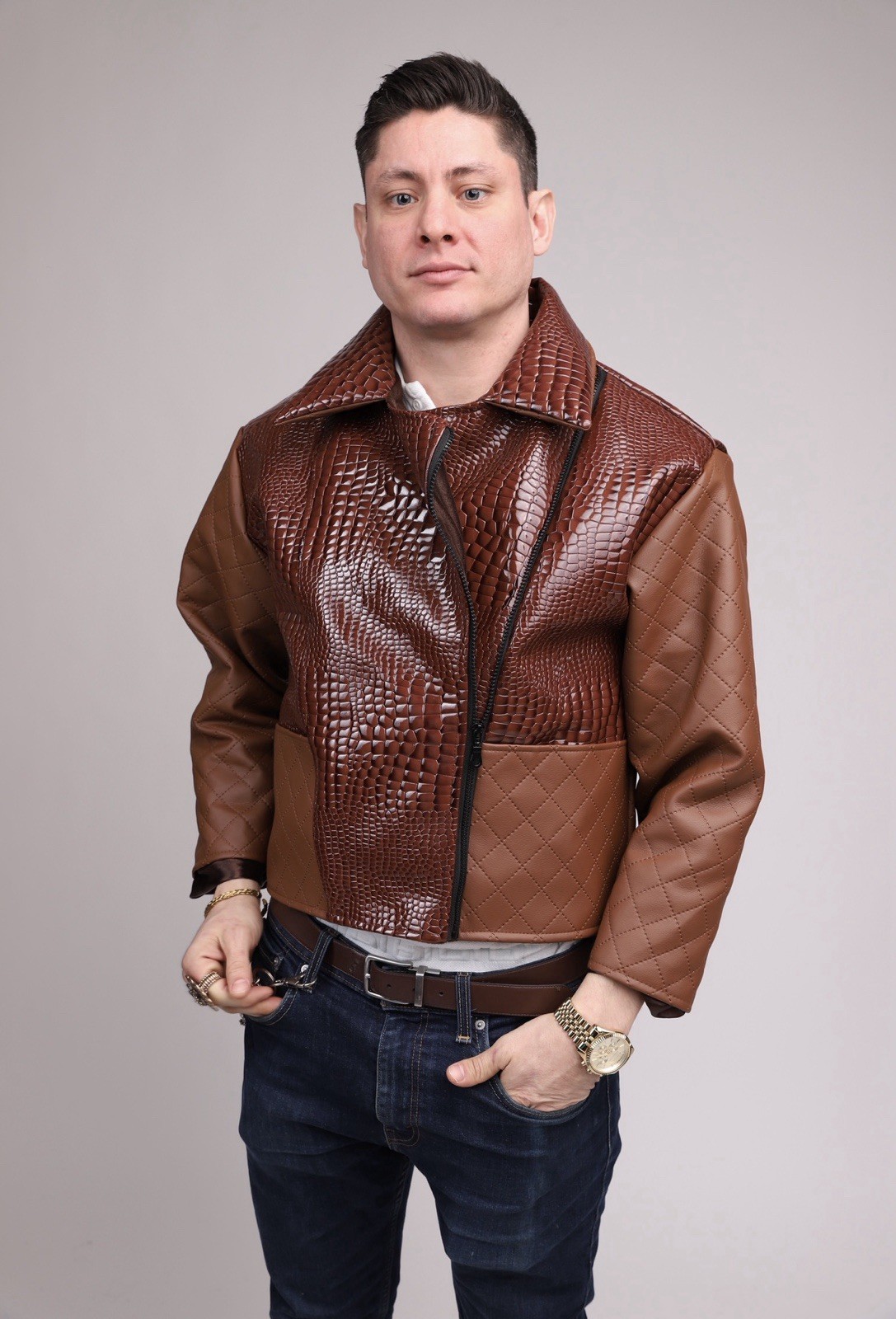 Men’s Brown Leather Quilted Biker Jacket Zip Front Spread Collar Short Sz S