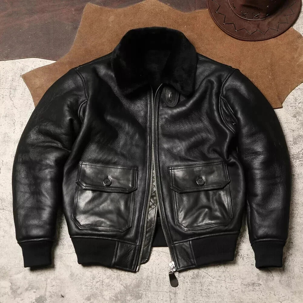 New Men’s Warm Real Fur Genuine Sheep Shearling G1 Aviator Leather Jacket