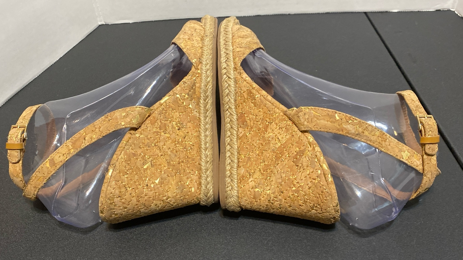 TORY BURCH Quilted Cork W/Gold Espadrille Wedge MARION Sandals Ankle Wrap Sz 6 M