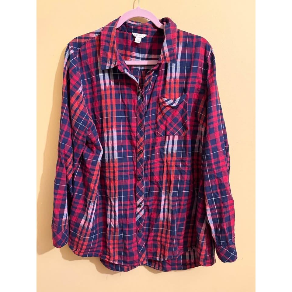 Cato Womens Red Navy Blue Plaid Ikat Button Down Shirt Plus Size 22/24W