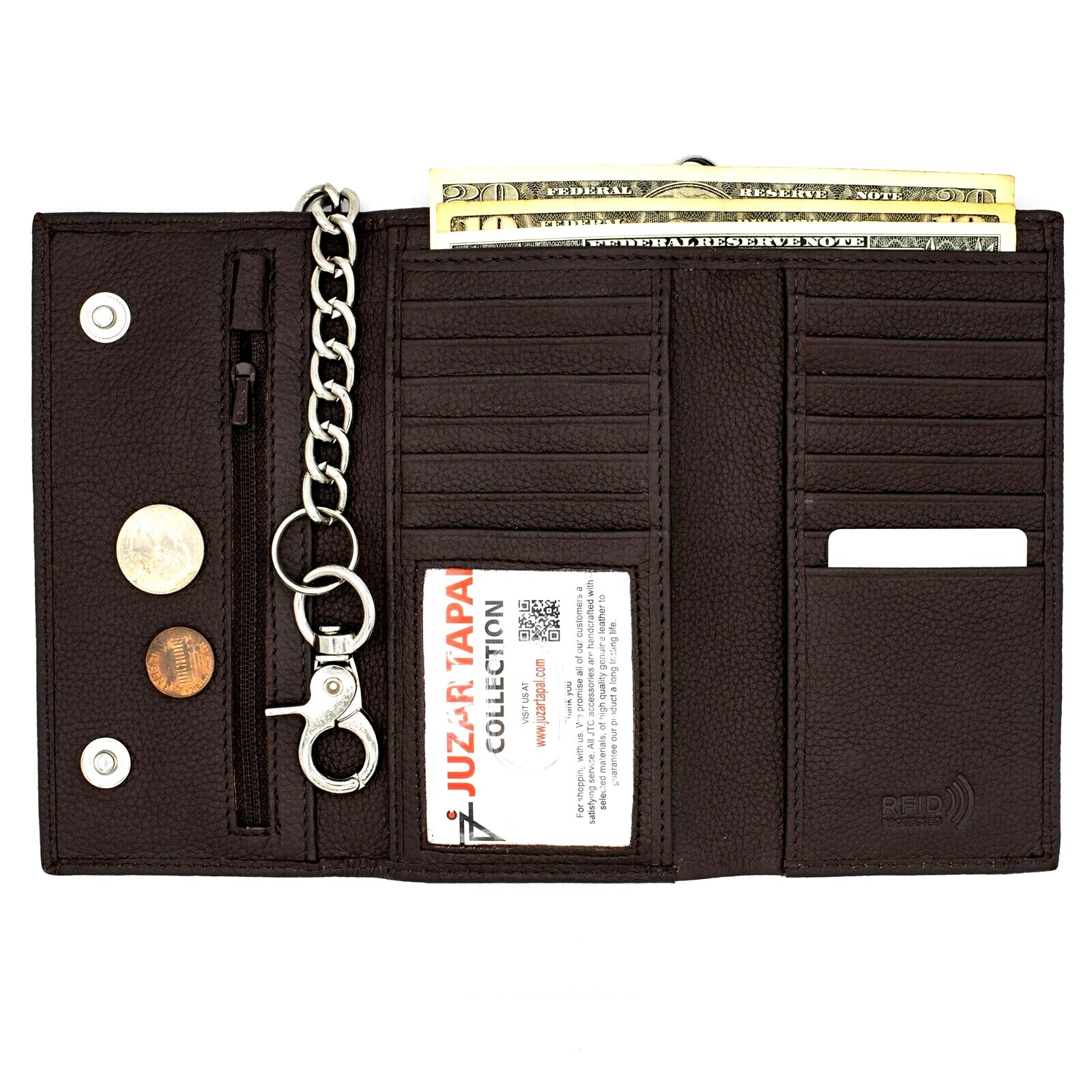RFID Blocking Leather Trifold Chain Wallet for Men with Snap Tall Biker Trucker