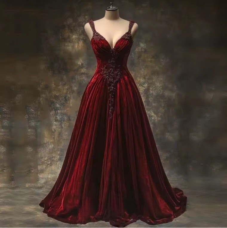 Victorian-style Ball Gown, Black Burgundy Gothic Lace Appliquéd Evening Dress