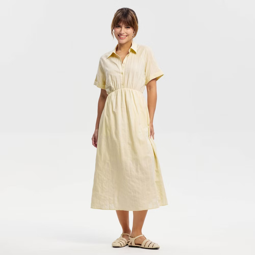 Women Short Sleeve Button-Front Midi Shirtdress – Universal Thread Cream L