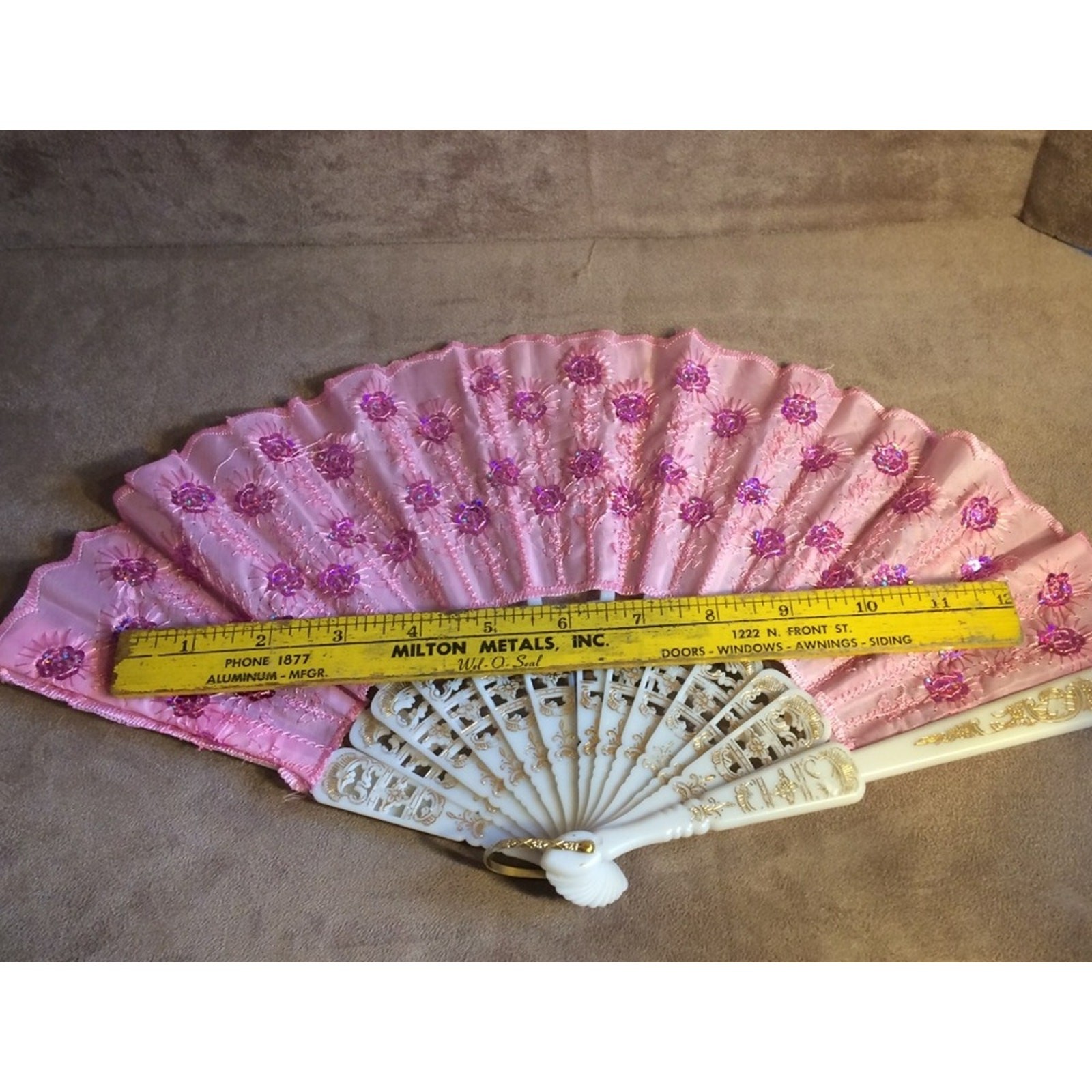 Vintage Small Folding Fan Lot Pink & Red Floral Fabric & Plastic
