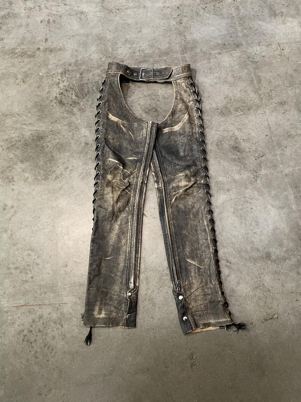 Vintage 1990s LA Roxx Brown Leather Chaps distressed faded W 28″-32″