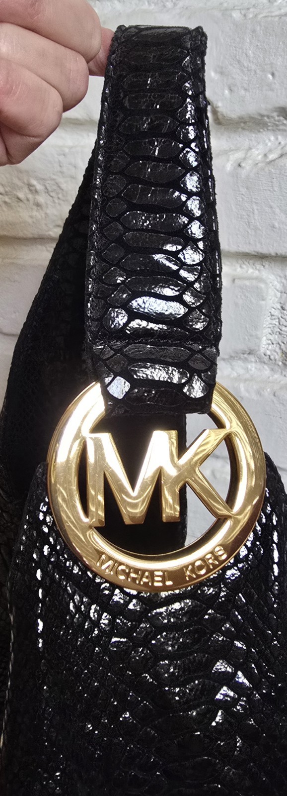 Michael Kors Black Python Snakeskin Embossed Leather Hobo Bag Gold Hardware