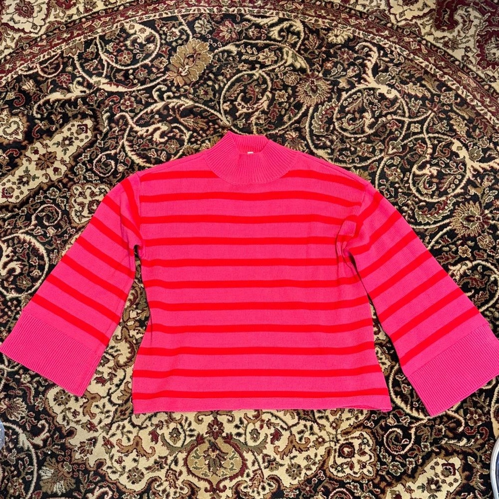 Sugarlips Striped Pink, red mock turtle neck with flare bell sleeves medium